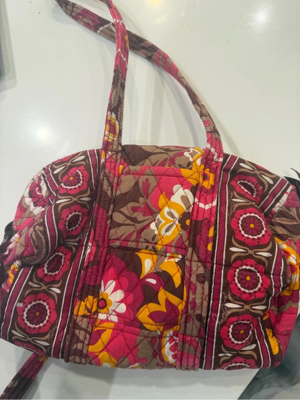 Vera Bradley Pink and Brown Quilted Floral Tote with Yellow Accents